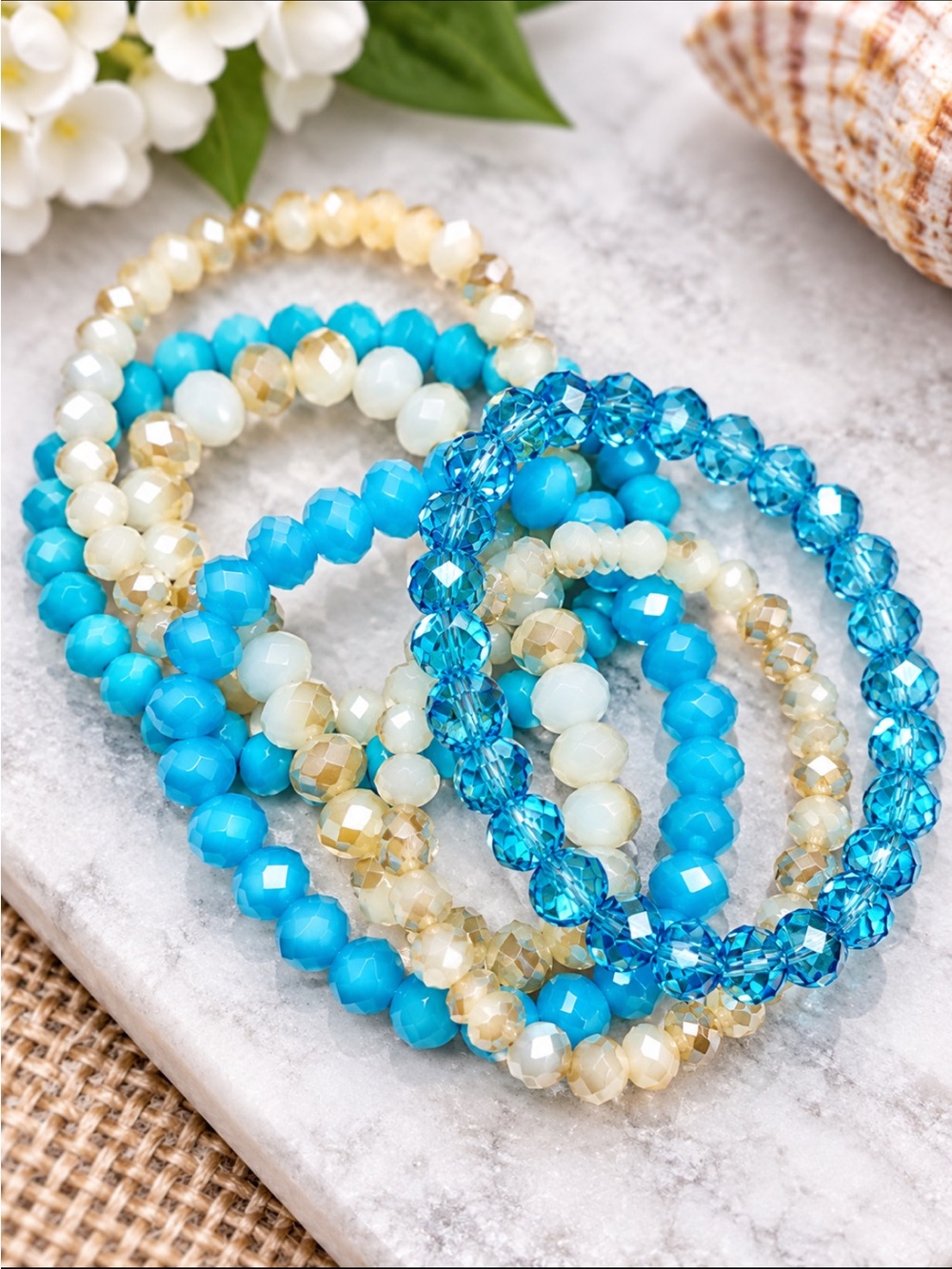 FRIENDSHIP BRACELETS 6 Strands Blue and Ivory Crystal Stretchy TAYLOR SWIFT